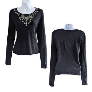 Vintage Y2K CASUAL CORNER Black & Silver McBling Silk Blend Embellished Sweater